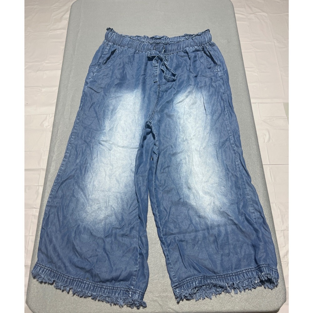 Zenana 1X Blue Lyocell Wide Leg Frayed Hem Smocked Waist Pants DP-1521X
